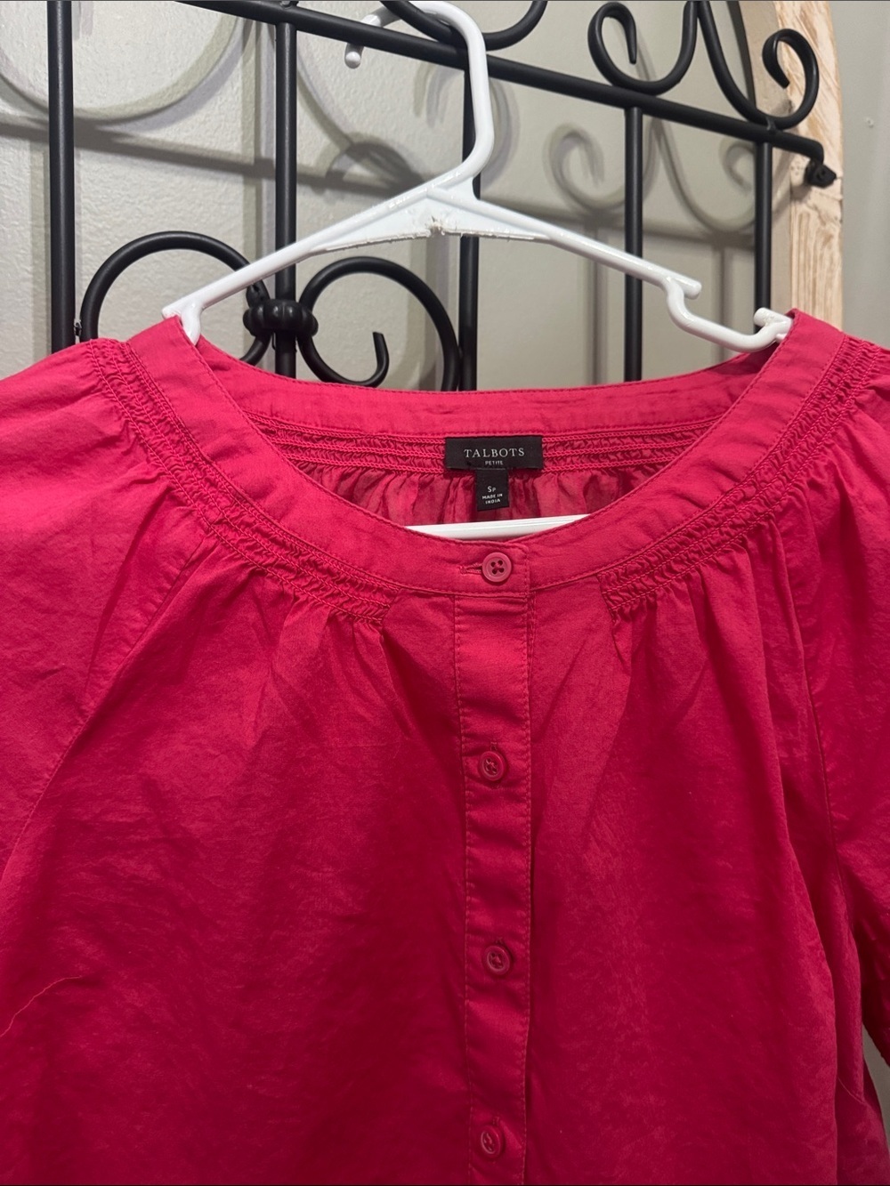 Talbots petite S Hot Pink Button-Front Puff Sleeve Blouse cotton casual - Picture 6 of 7